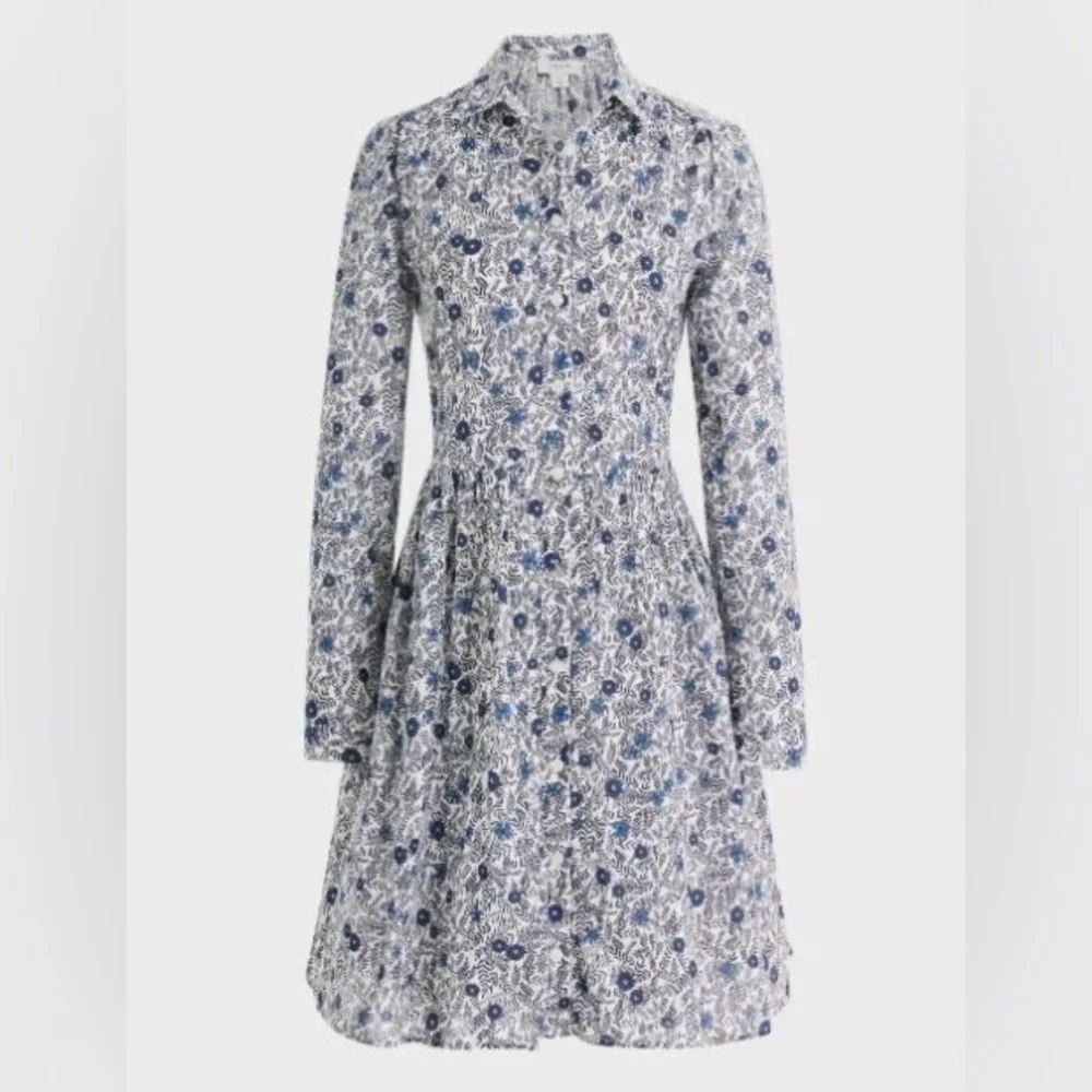 J. Crew Navy and White Floral Long-Sleeve Button Dress - Picture 3 of 16